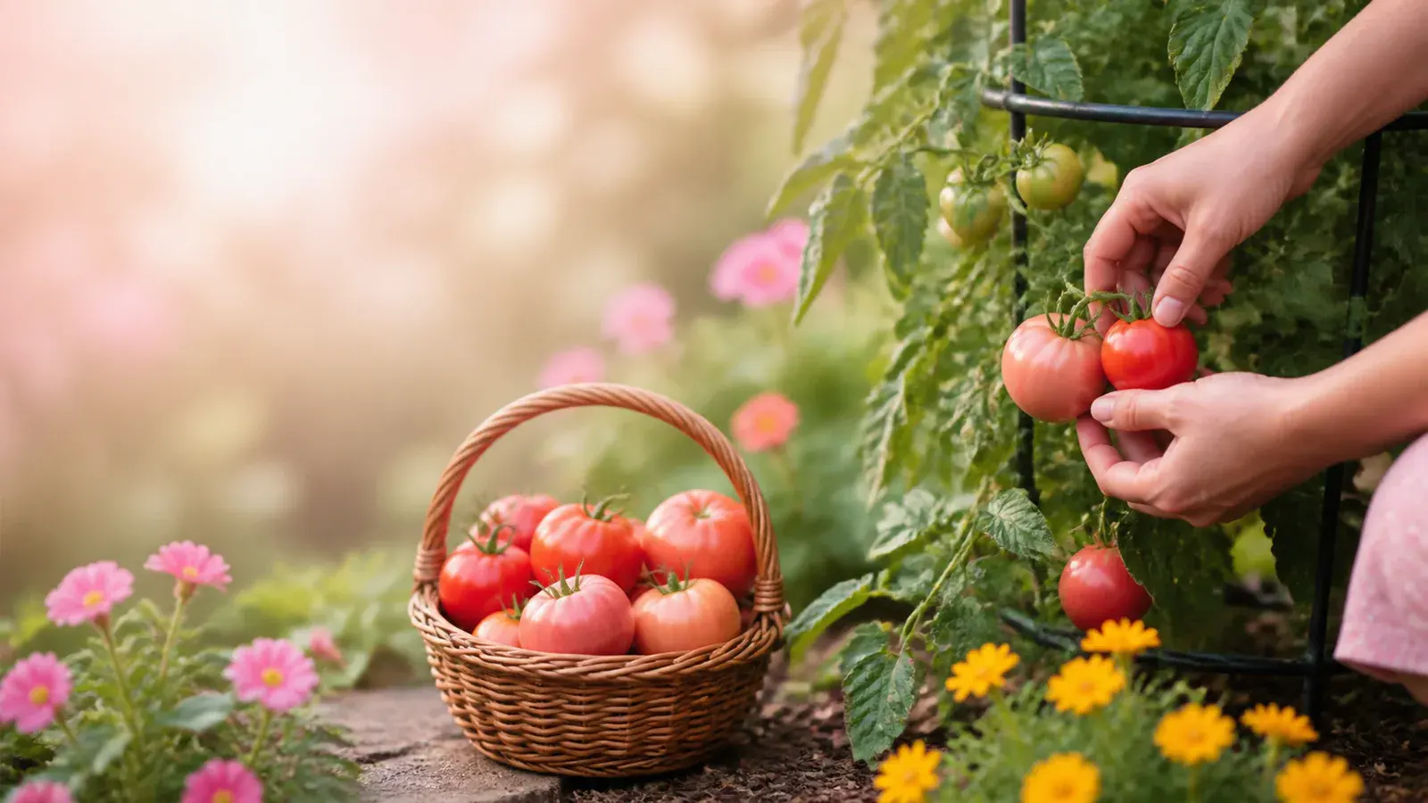 A basket of ripe tomatoes beside a supported tomato vine as a gardener harvests fruit.